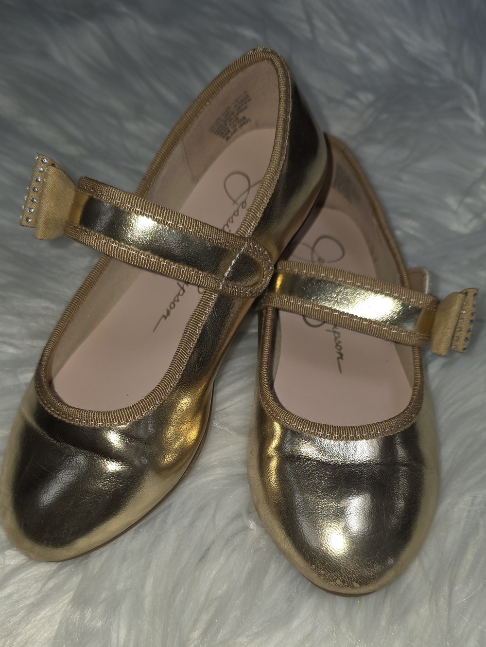 Jessica Simpson Girls Metallic Gold Mary Jane Shoes with Bow Strap